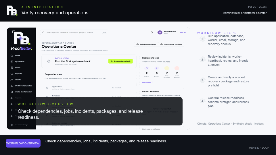 Animated ProofBetter Operations confidence product walkthrough