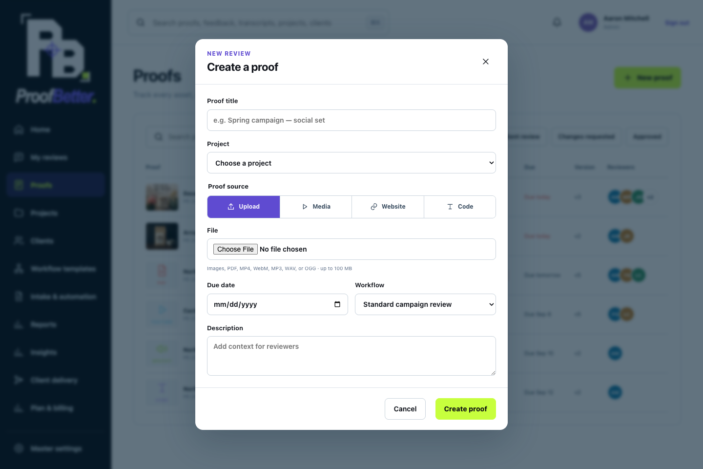 Create a proof modal with Upload, Media, Website, and Code source options