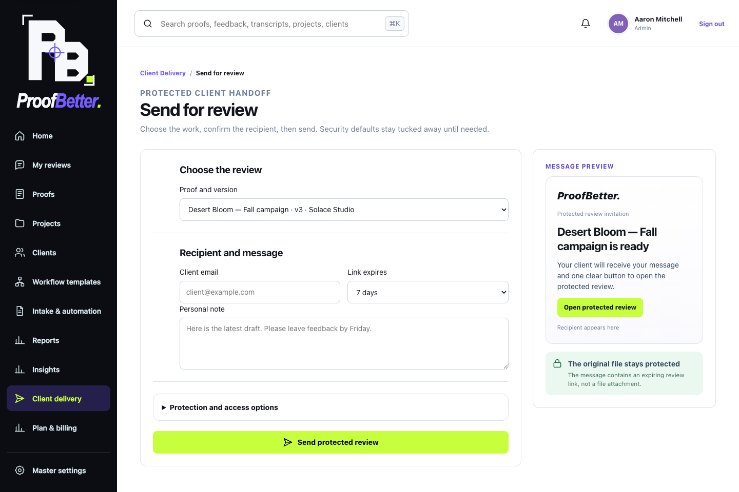 Send for review screen with recipient, expiry, protection, and message preview