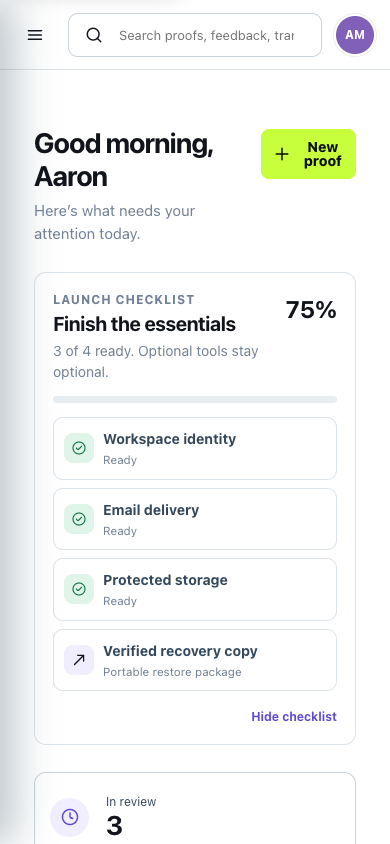 Mobile ProofBetter dashboard