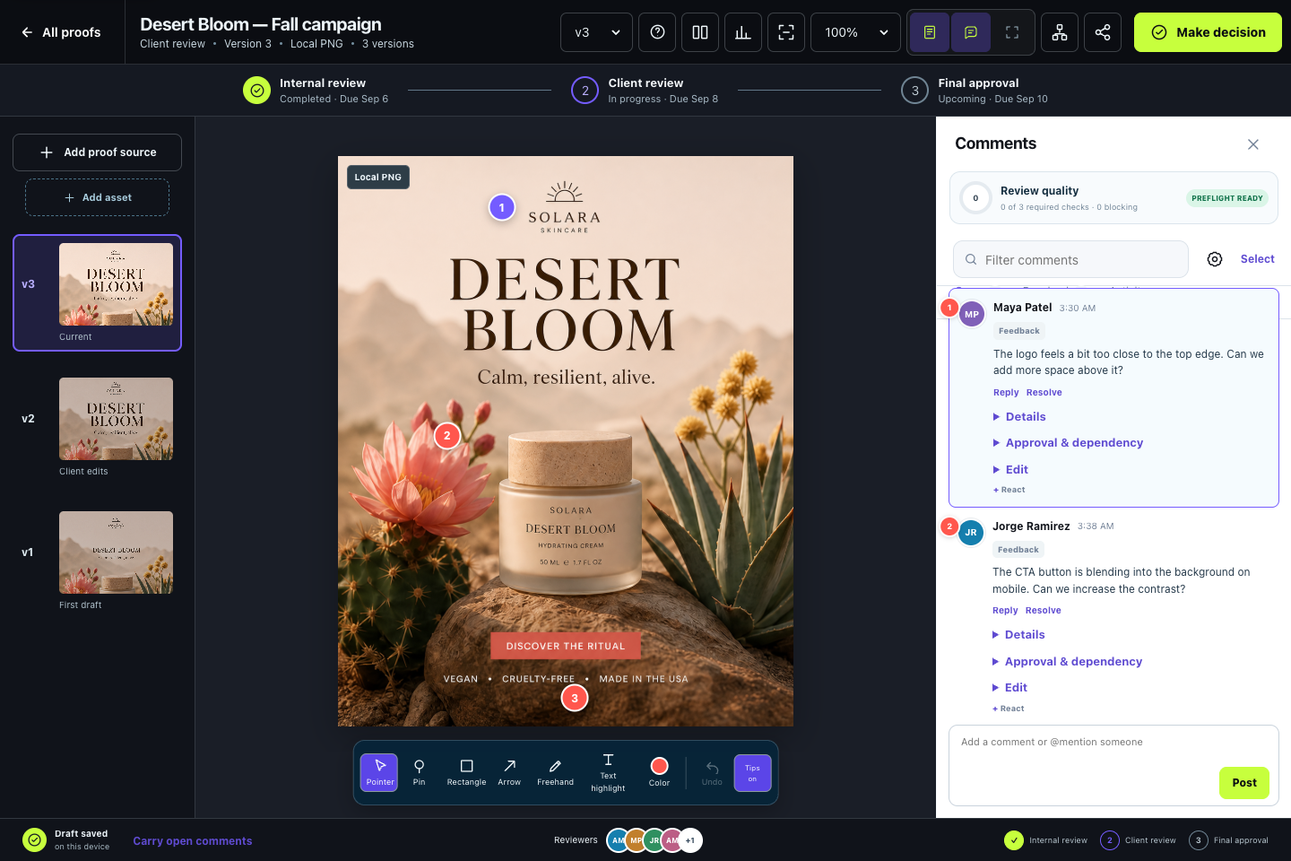 ProofBetter review workspace with contextual annotations and comments
