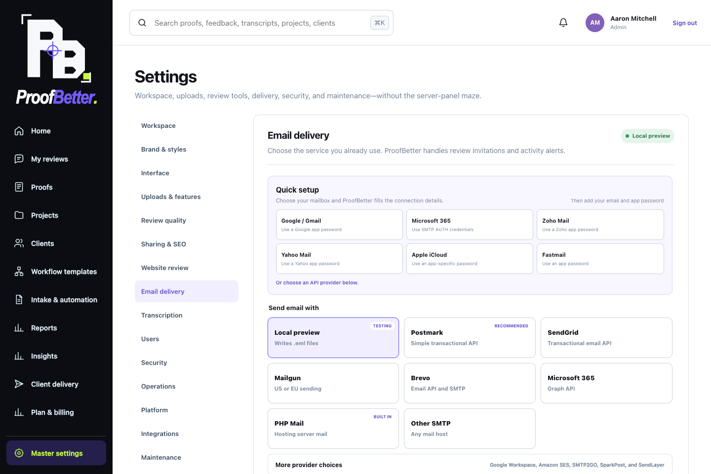 ProofBetter Email delivery settings