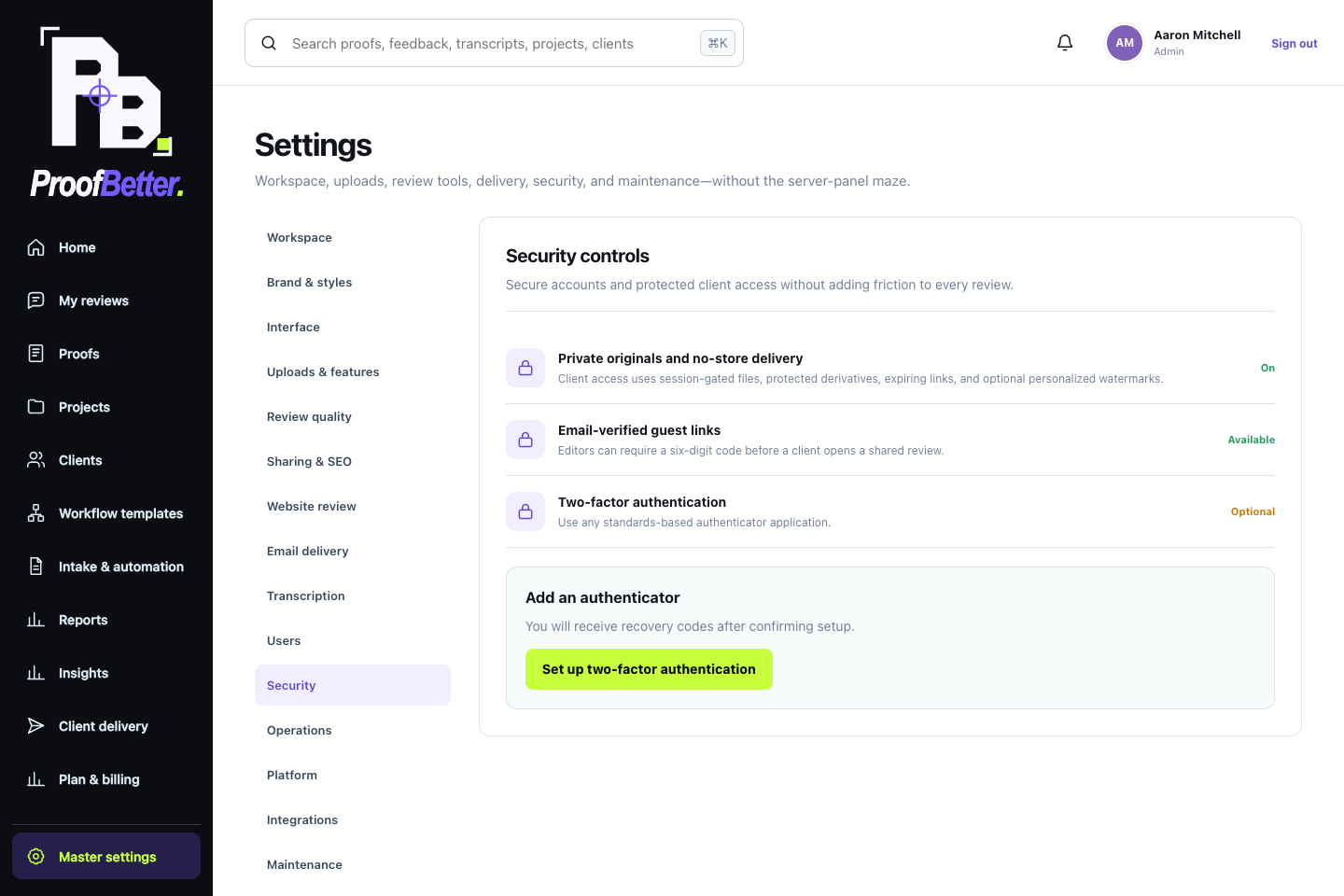 ProofBetter Security settings